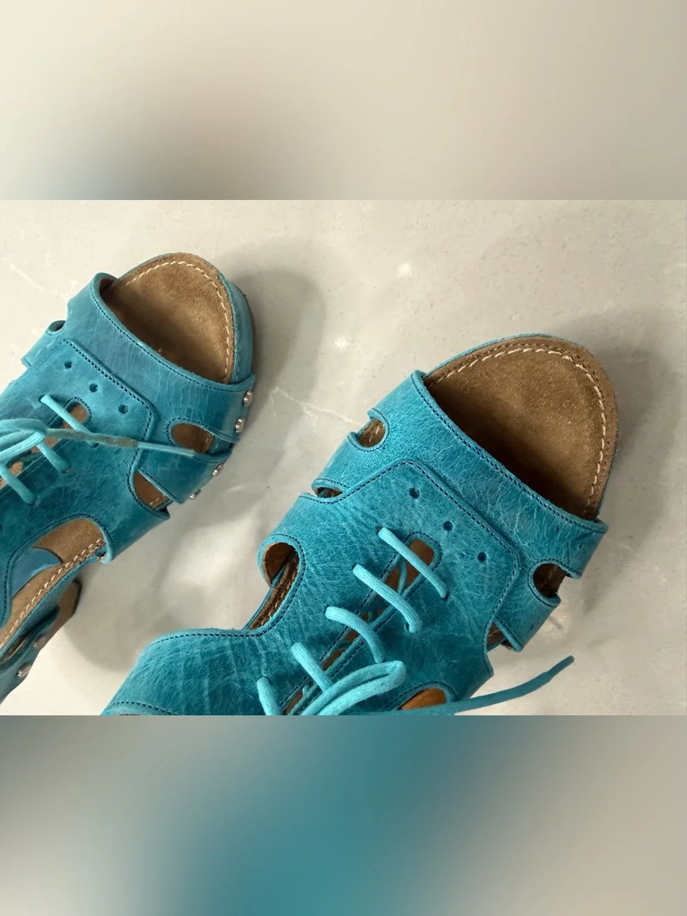 John Fluevog Joni Teal Blue Leather Wood Platform Lace Up Low Rule Sandals, 8